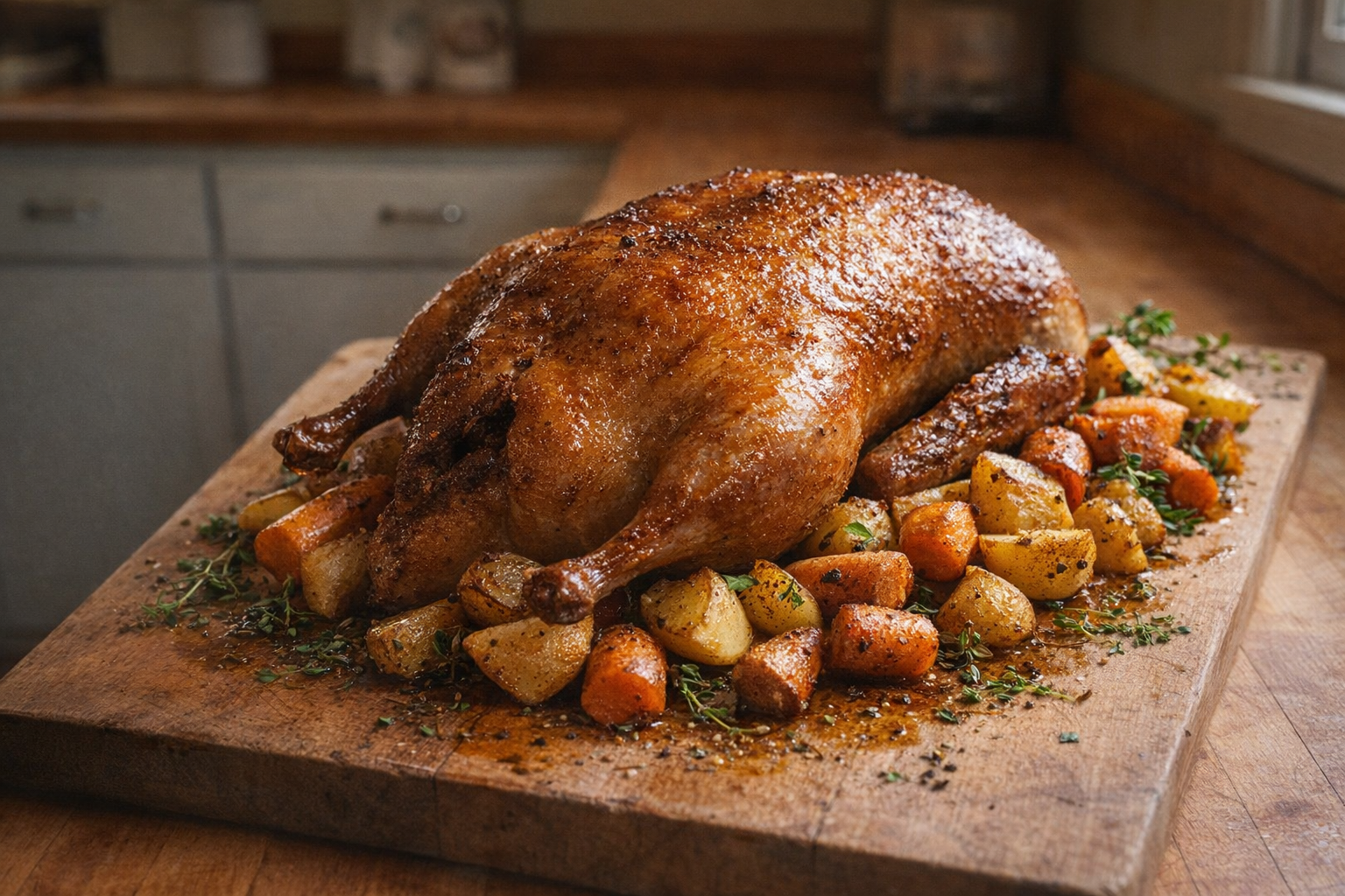 A whole roasted duck on a wooden cutting board, golden brown and glistening, surrounded by roasted root vegetables, herbs scattered around, warm lighting